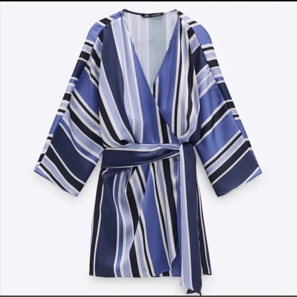ZARA Spring Blue and White Stripe Satin Wrap Mini Romper Dress - Sz. Small - Picture 2 of 7